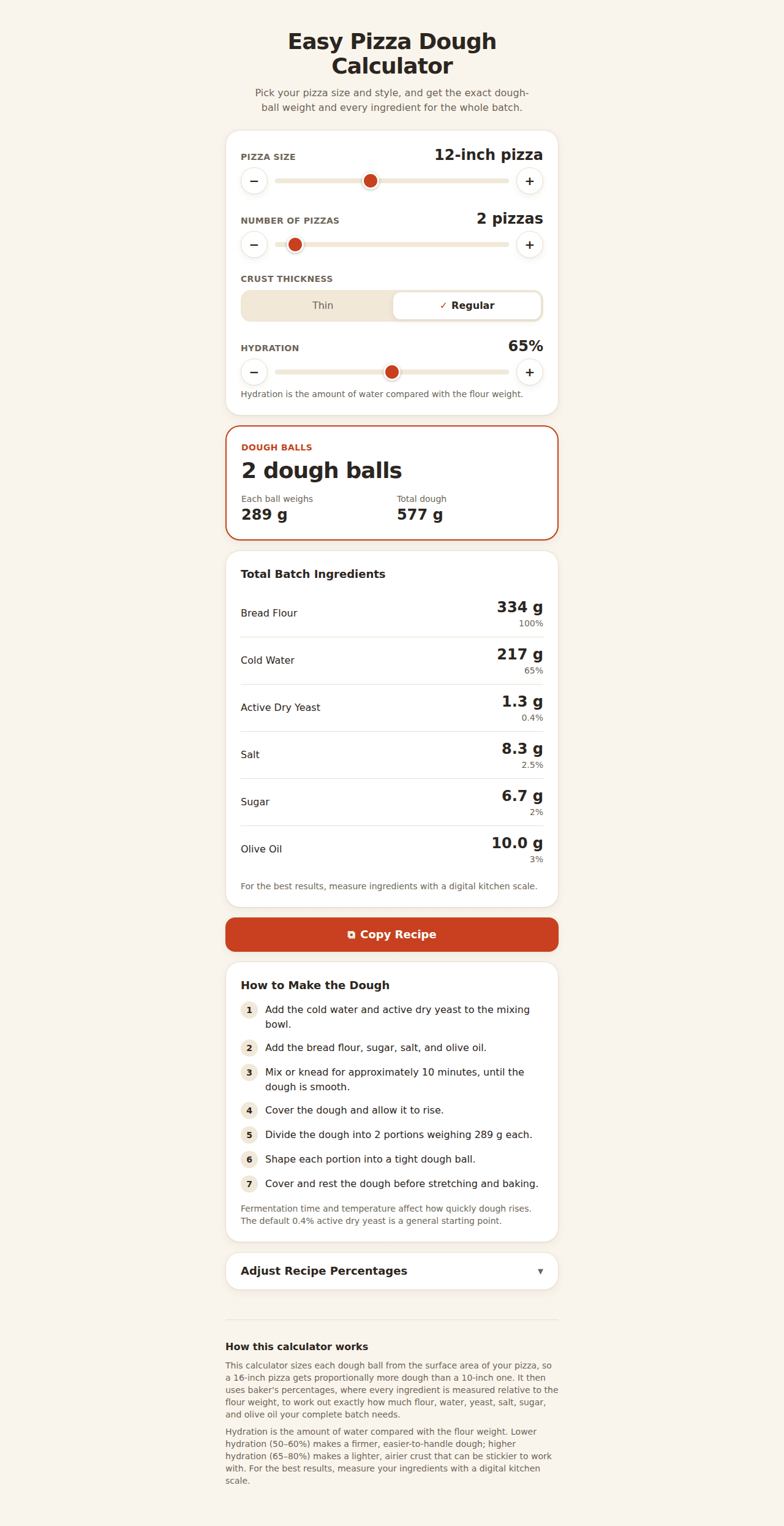 EZ Pizza Dough Calculator interface showing pizza size, quantity, hydration, and calculated ingredients